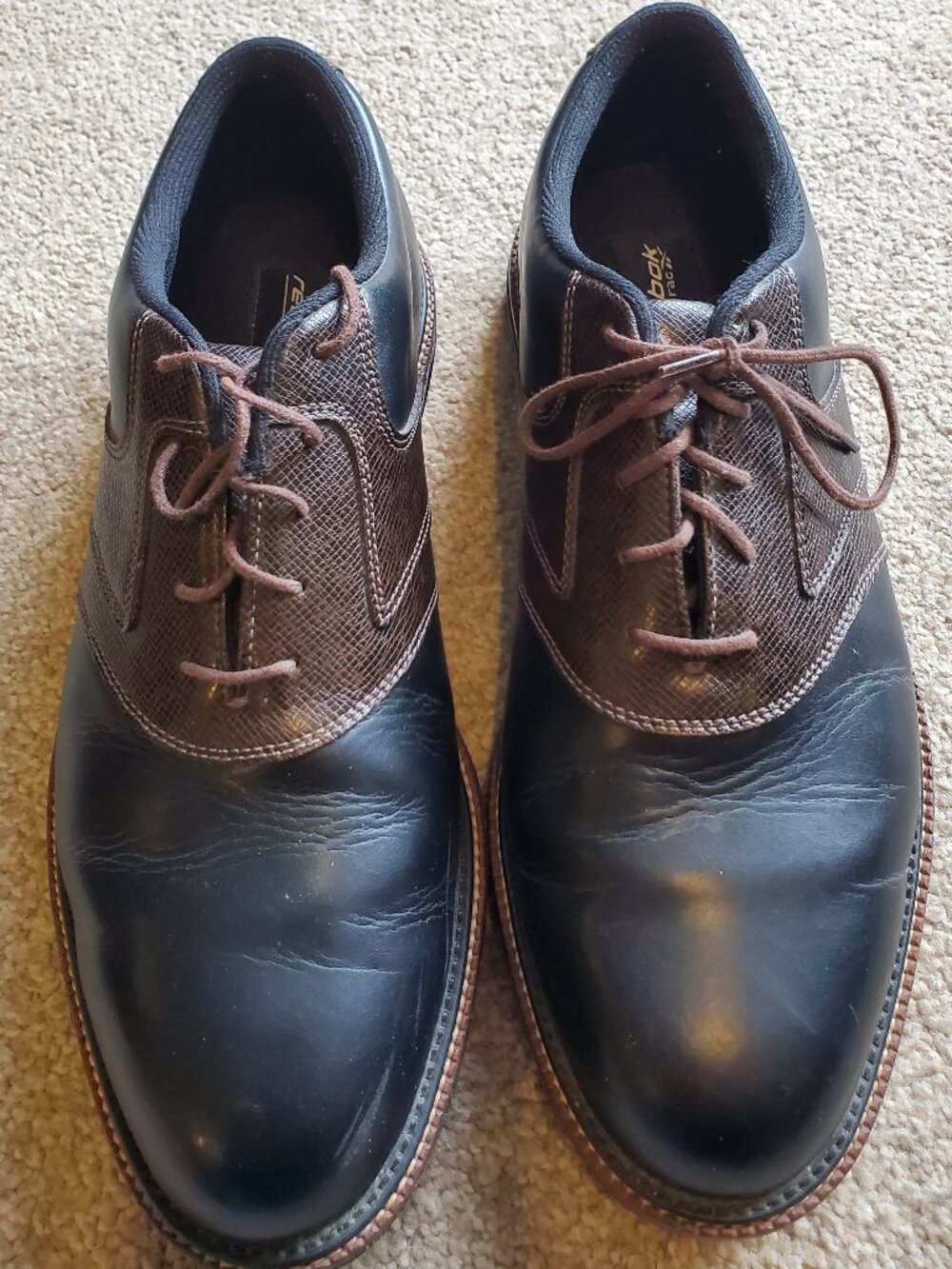 REEBOK Vintage Golf Oxfords Black Brown Leather Soft Spikes Men’s Size 10